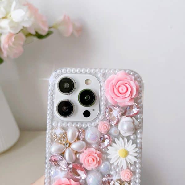 luxury Design glitter Bling pink rose Back acrylic Pearl Phone Case for iphone 13 14 Pro Max suitable women girl with bracelet