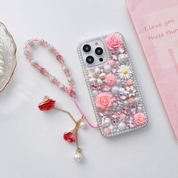 luxury Design glitter Bling pink rose Back acrylic Pearl Phone Case for iphone 13 14 Pro Max suitable women girl with bracelet