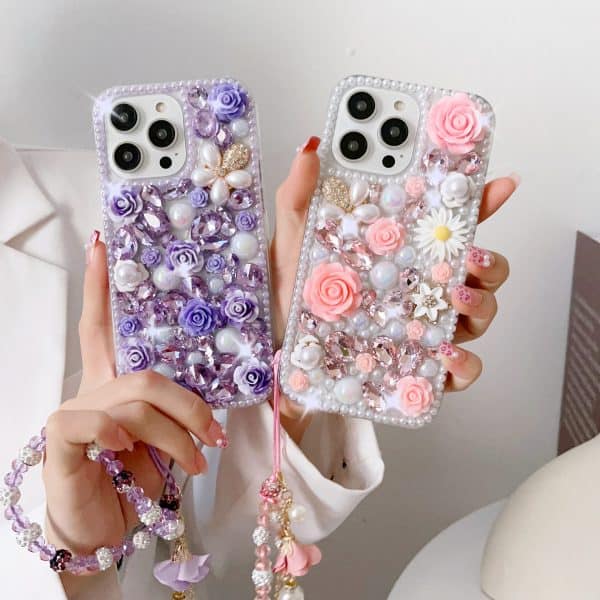 luxury Design glitter Bling pink rose Back acrylic Pearl Phone Case for iphone 13 14 Pro Max suitable women girl with bracelet