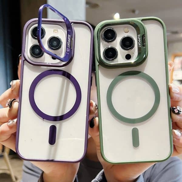 Metal Bracket Transparent Acrylic Magnetic Phone Case For IPhone 15 14 11 12 13 16 ProMax With Alloy Lens Film Protection Cover