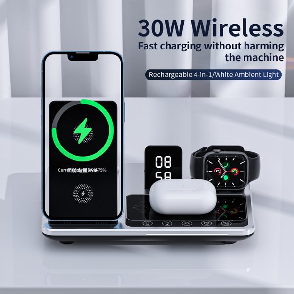 Multifunctional Foldable 4-in-1 Mobile Phones Wireless Charging Station Smart Touch Control Led Light Wireless Charger