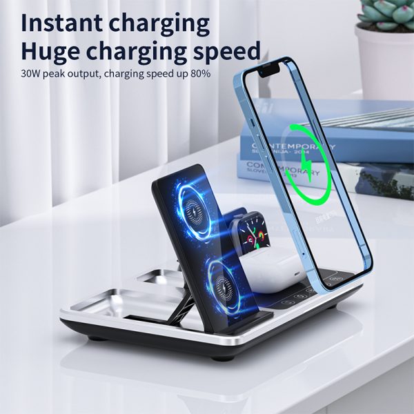 Multifunctional Foldable 4-in-1 Mobile Phones Wireless Charging Station Smart Touch Control Led Light Wireless Charger