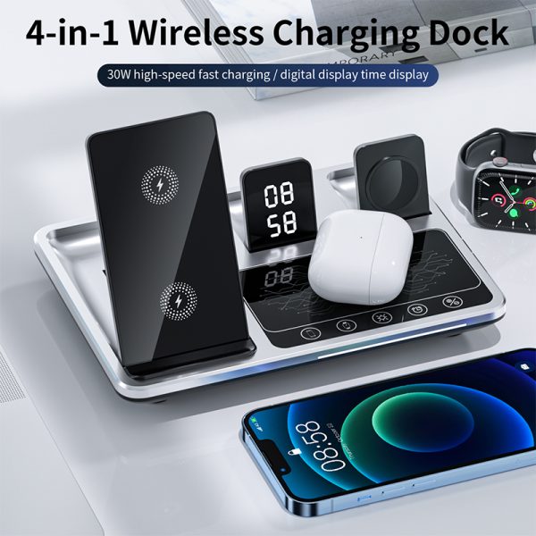 Multifunctional Foldable 4-in-1 Mobile Phones Wireless Charging Station Smart Touch Control Led Light Wireless Charger