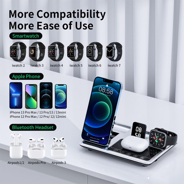 Multifunctional Foldable 4-in-1 Mobile Phones Wireless Charging Station Smart Touch Control Led Light Wireless Charger