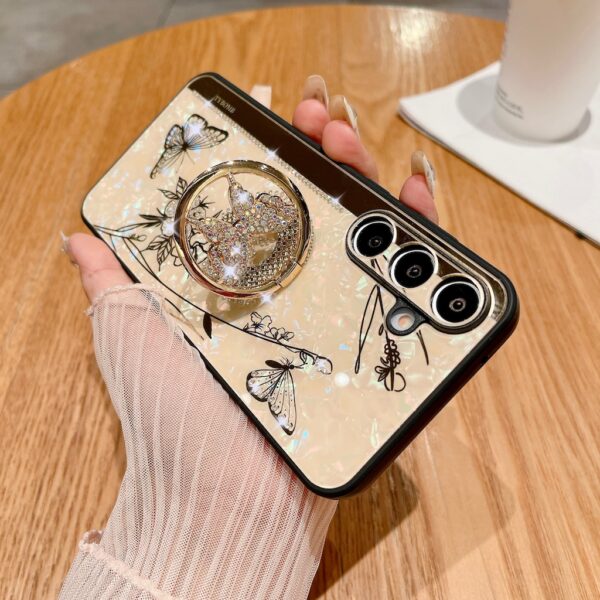 3D Butterfly Kickstand Bling Glitter Diamond Marble Ring Stand Shockproof Women Girls Rhinestone Phone Case for Samsung