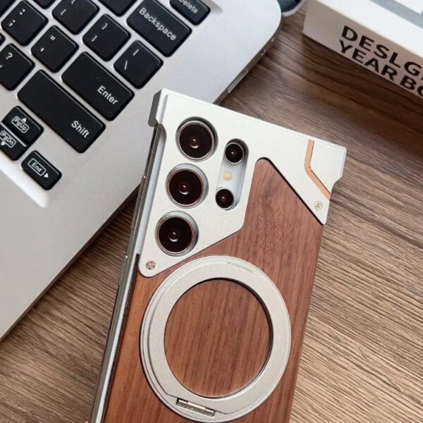 For Samsung S24 S22 Ultra Borderless Phone Cover Wood Grain Aluminum Alloy Holder Magnetic Phone Case For Samsung S23 Ultra