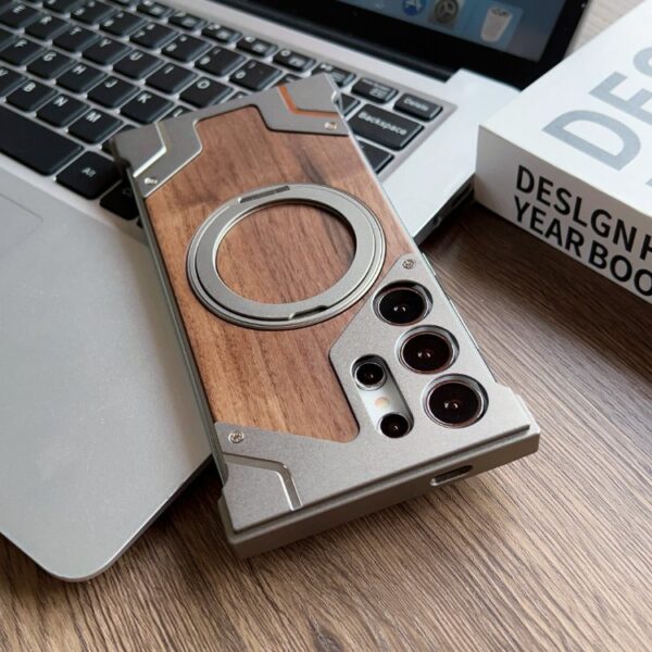 For Samsung S24 S22 Ultra Borderless Phone Cover Wood Grain Aluminum Alloy Holder Magnetic Phone Case For Samsung S23 Ultra