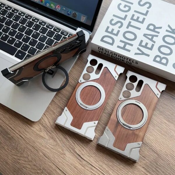 For Samsung S24 S22 Ultra Borderless Phone Cover Wood Grain Aluminum Alloy Holder Magnetic Phone Case For Samsung S23 Ultra