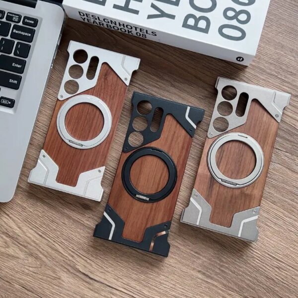 For Samsung S24 S22 Ultra Borderless Phone Cover Wood Grain Aluminum Alloy Holder Magnetic Phone Case For Samsung S23 Ultra