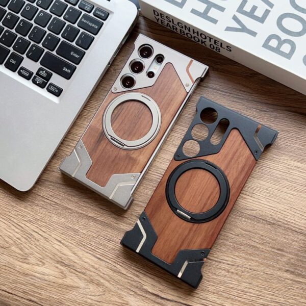 For Samsung S24 S22 Ultra Borderless Phone Cover Wood Grain Aluminum Alloy Holder Magnetic Phone Case For Samsung S23 Ultra