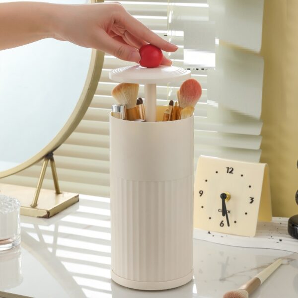 Large Capacity Press-to-raise Dustproof Organizer Brush Holder For Vanity Desktop Bathroom Countertop