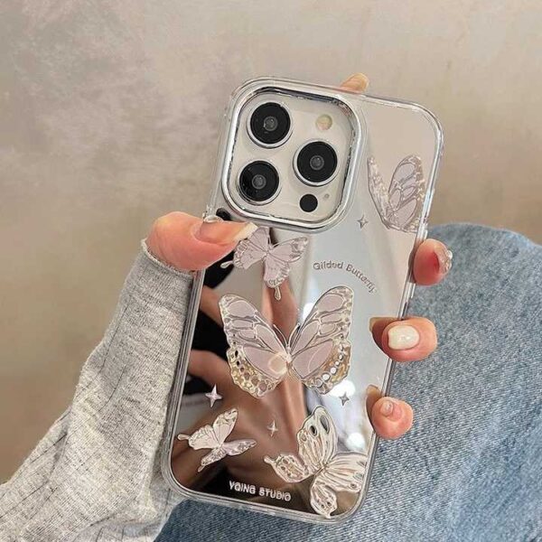 Luxury Butterfly Makeup Mirror & Mobile Phone Case for iPhone 11 12 13 14 15 16 Pro/Pro Max Convenient Accessory Bag