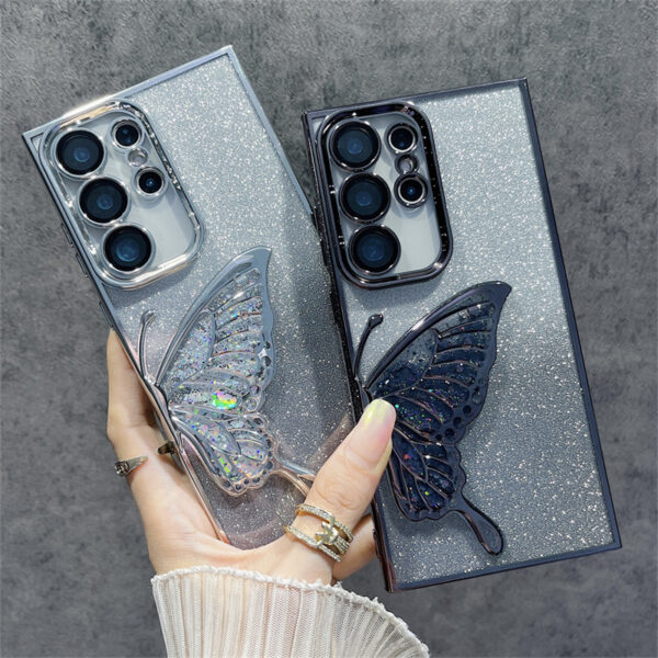 Luxury Glitter Quicksand Butterfly Case for Samsung S24 Ultra Plus S24Plus Gradient Plating Bling Camera Protector Soft Cover