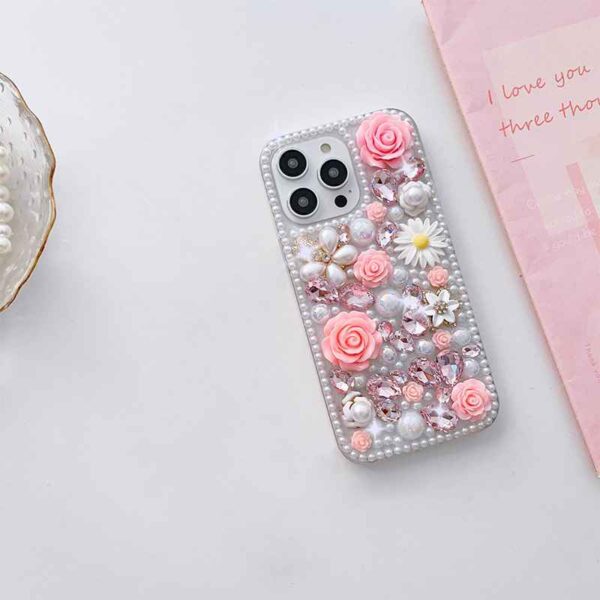 luxury Design glitter Bling pink rose Back acrylic Pearl Phone Case for iphone (IP112) - Image 2