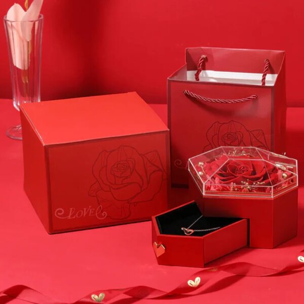 2025 Valentine Day Gifts Eternal Flower Rose Jewelry Acrylic Gift Box Ring Necklace Preserved Roses Heart Shape Jewelry Box