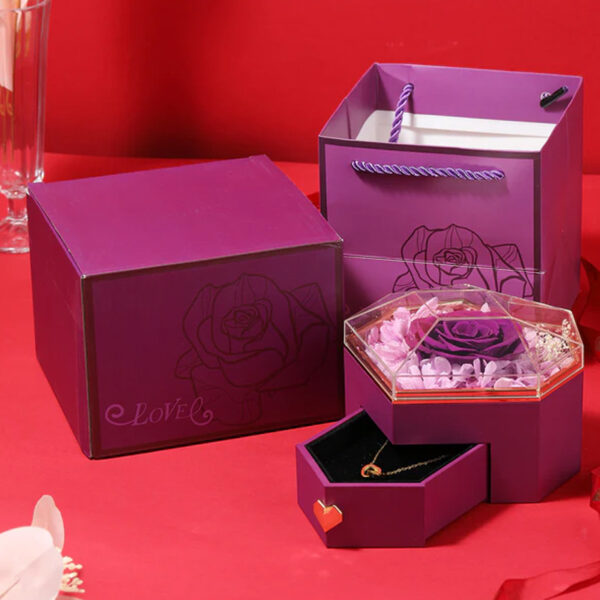 2025 Valentine Day Gifts Eternal Flower Rose Jewelry Acrylic Gift Box Ring Necklace Preserved Roses Heart Shape Jewelry Box