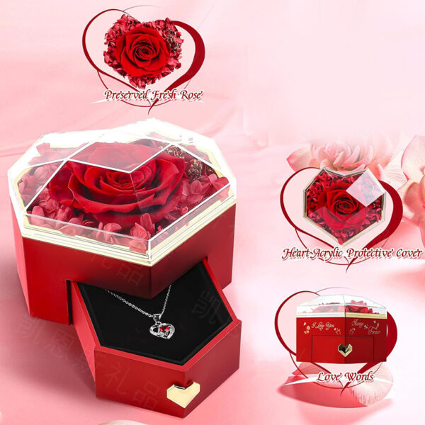 2025 Valentine Day Gifts Eternal Flower Rose Jewelry Acrylic Gift Box Ring Necklace Preserved Roses Heart Shape Jewelry Box