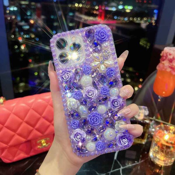 luxury Design glitter Bling pink rose Back acrylic Pearl Phone Case for iphone (IP112) - Image 3