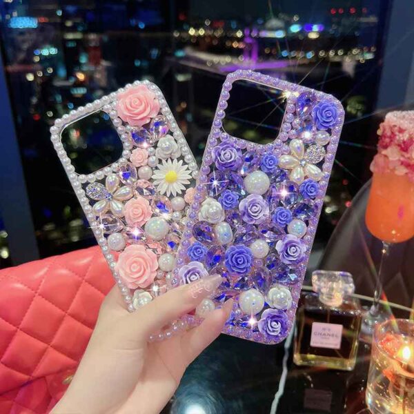 luxury Design glitter Bling pink rose Back acrylic Pearl Phone Case for iphone (IP112)
