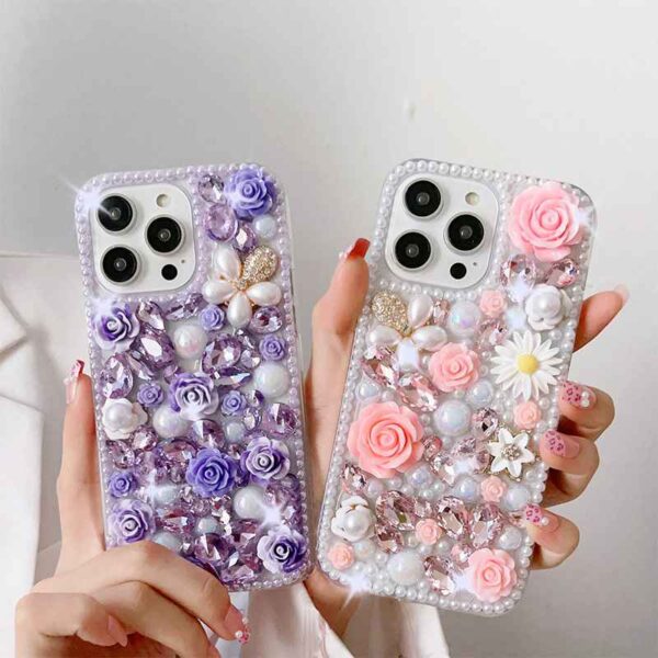 luxury Design glitter Bling pink rose Back acrylic Pearl Phone Case for iphone (IP112) - Image 5
