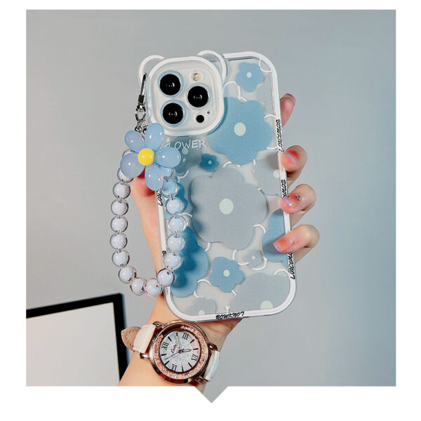 Cute 3D Bear Ears Flower Hang Chain Hard Phone Case For iPhone 15 14 13 12 11 Pro Max Transparent Mobile Phone Case