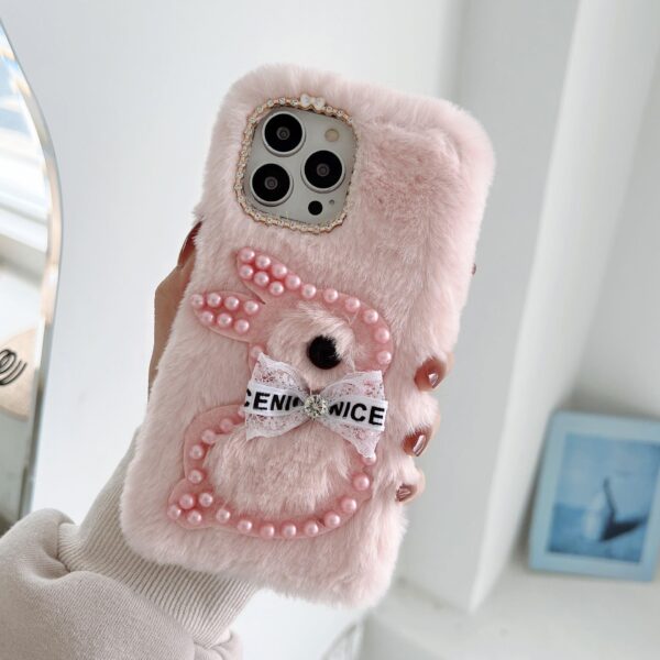 Cute Fluffy Phone Case For iPhoneX Xs max XR Phone Case Pearl Rabbit Winter Plush For iphone 12 mini 15 plus pro max Phone Case