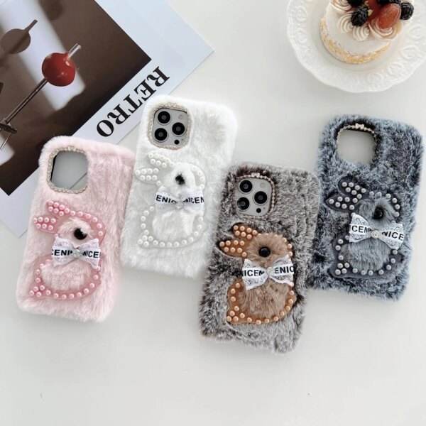 Cute Fluffy Phone Case For iPhoneX Xs max XR Phone Case Pearl Rabbit Winter Plush For iphone 12 mini 15 plus pro max Phone Case