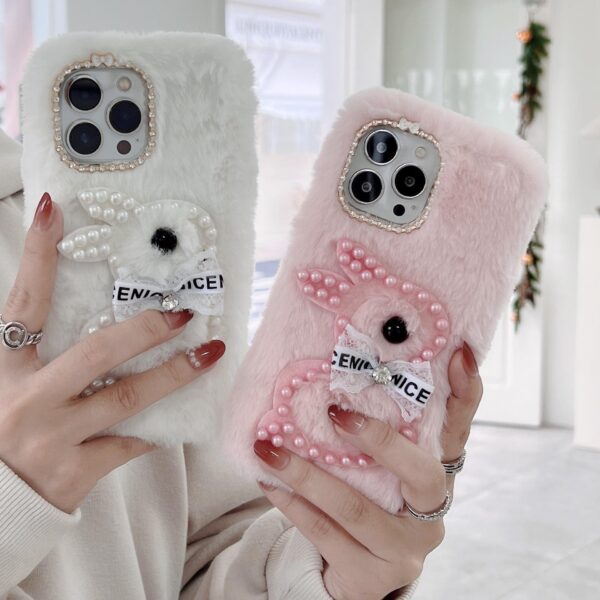 Cute Fluffy Phone Case For iPhoneX Xs max XR Phone Case Pearl Rabbit Winter Plush For iphone 12 mini 15 plus pro max Phone Case