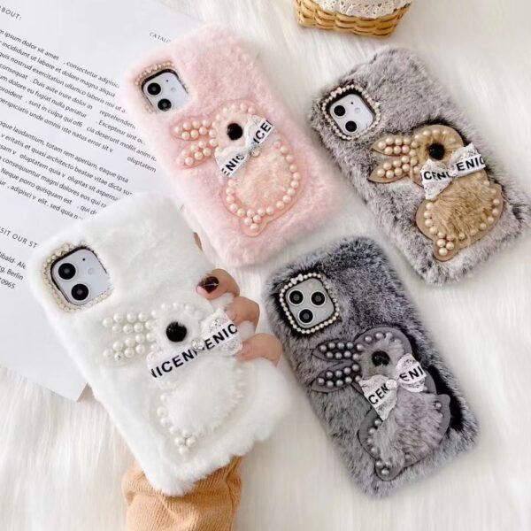 Cute Fluffy Phone Case For iPhoneX Xs max XR Phone Case Pearl Rabbit Winter Plush For iphone 12 mini 15 plus pro max Phone Case