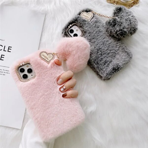 Cute Plush Heart Chain Accessories Mobile Phone Case For iPhone 15 14 13 12 11 Pro Max Soft Fluffy Winter Phone Cloth Cover