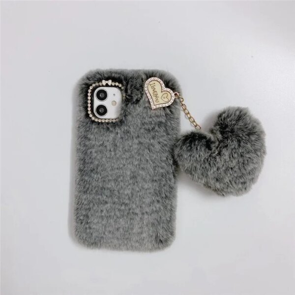 Cute Plush Heart Chain Accessories Mobile Phone Case For iPhone 15 14 13 12 11 Pro Max Soft Fluffy Winter Phone Cloth Cover