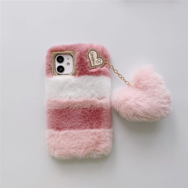 Cute Plush Heart Chain Accessories Mobile Phone Case For iPhone 15 14 13 12 11 Pro Max Soft Fluffy Winter Phone Cloth Cover