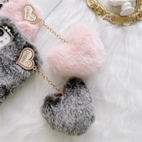 Cute Plush Heart Chain Accessories Mobile Phone Case For iPhone 15 14 13 12 11 Pro Max Soft Fluffy Winter Phone Cloth Cover