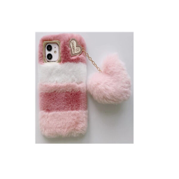 Cute Plush Heart Chain Accessories Mobile Phone Case For iPhone 15 14 13 12 11 Pro Max Soft Fluffy Winter Phone Cloth Cover