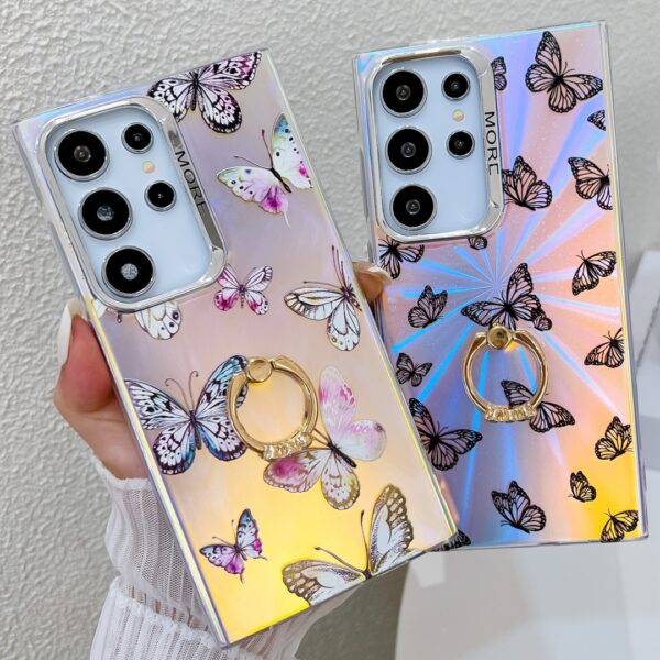 Electroplate Shockproof Laser Butterfly Phone Case for Samsung S24Ultra S23 S22 A54 A34 A35 A15 A55 A25 A35 A14 Ring Stand Cover