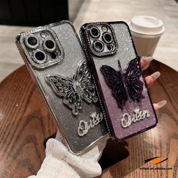 Electroplating Butterfly Stand Glitter Case For iPhone 16 15 14 13 12 Pro max Shiny Diamond Pearl Love Heart Cover