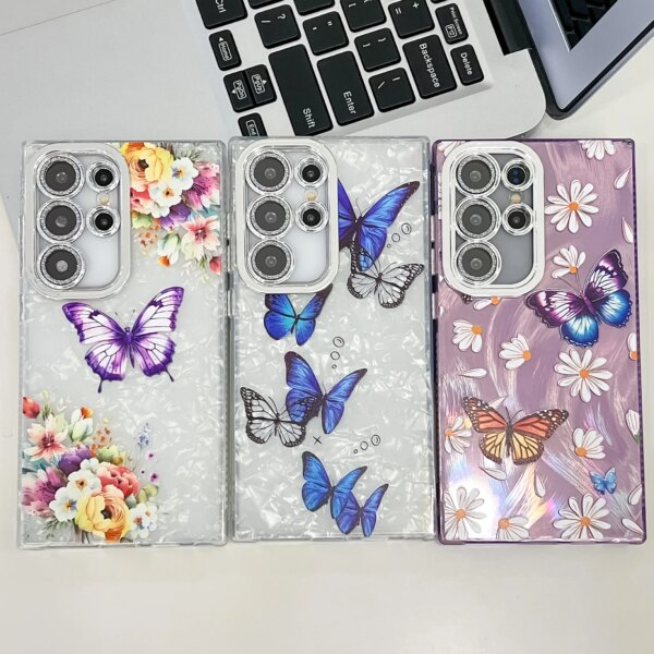 Fashion Butterfly Phone Case For Samsung Galaxy S25 S24 S23 Ultra S24FE IMD Shockproof Casing with glitter ring glass lens film