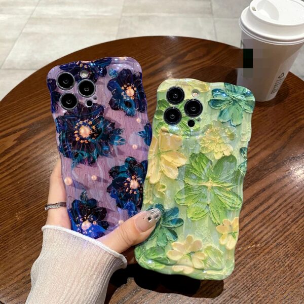 Fashion Flowers Phone Cases For iphone 11 12 13 14 15 Pro Max Blue Light Wavy Border Shockproof Silicone Cover with Strap