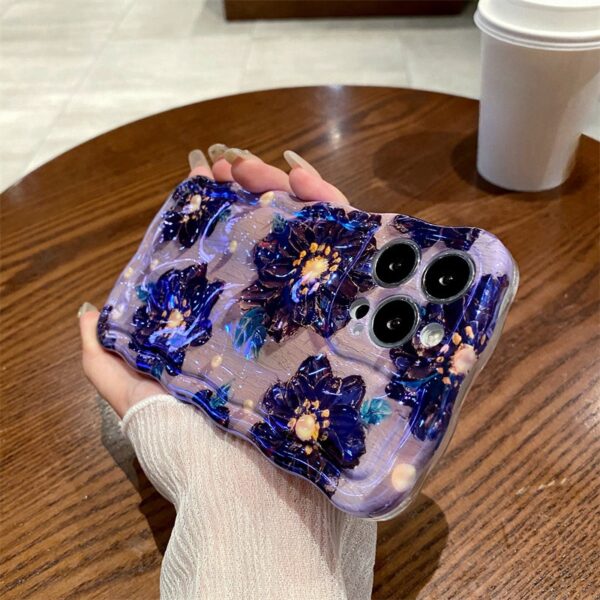 Fashion Flowers Phone Cases For iphone 11 12 13 14 15 Pro Max Blue Light Wavy Border Shockproof Silicone Cover with Strap