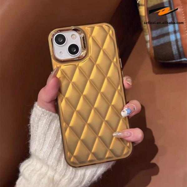 Fashion Gold Rhomboid Lattice PC Phone Case For iphone 15 Pro Max Case New Designer