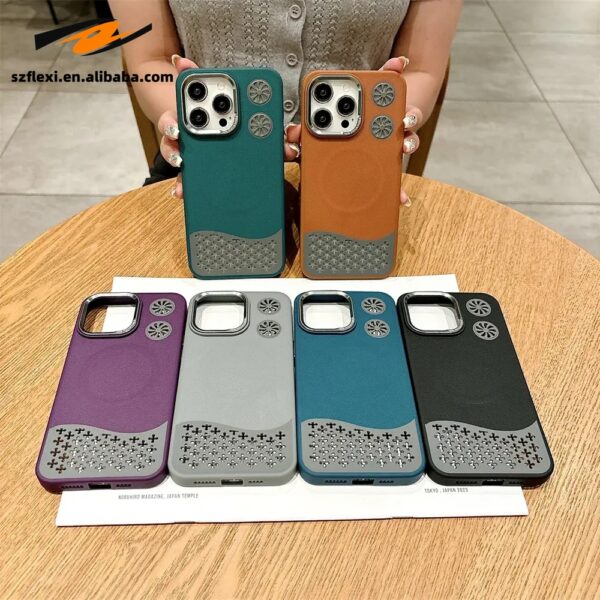 Fashion Hollow Heat Dissipation Magnetic PU Leather Case for iPhone 16 15 14 13 12 11 Pro Max Cooling Cover