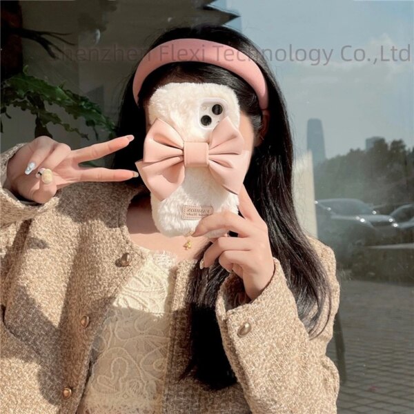 Fluffy Soft Phone Case For iPhone 15 14 13 12 11 Pro Max Leather Big Bowknot Cute Phone Case