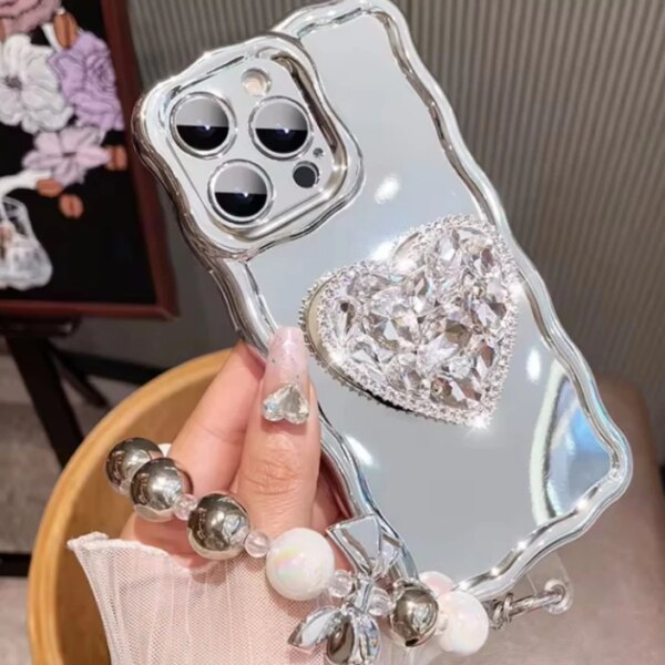 Glitter Big Heart Princess Plating Phone Shell For iPhone 15 14 13 12 11 Pro Max Wave Edge Stand Holder Phone Case