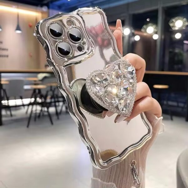 Glitter Big Heart Princess Plating Phone Shell For iPhone 15 14 13 12 11 Pro Max Wave Edge Stand Holder Phone Case