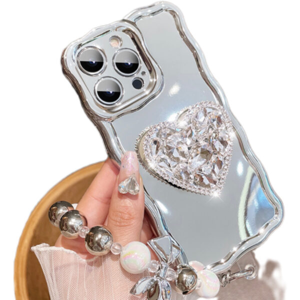 Glitter Big Heart Princess Plating Phone Shell For iPhone 15 14 13 12 11 Pro Max Wave Edge Stand Holder Phone Case