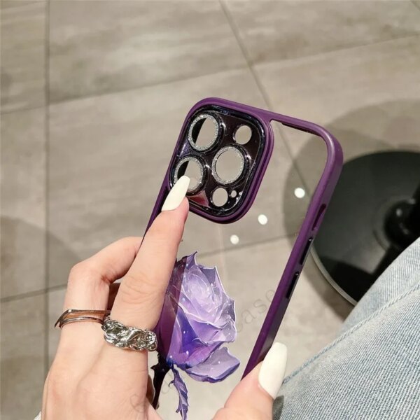 Glitter Diamond Glass Lens Protector Dream Rose Transparent PC Shockproof Phone Case Cover For iPhone 16 Pro Max 14 13 12 11 15