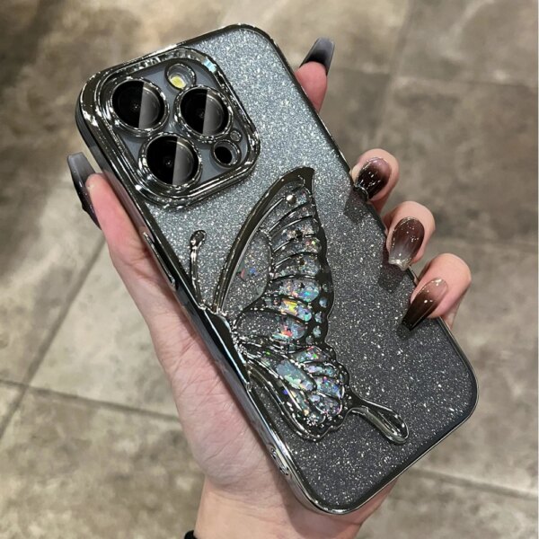 Gradient Glitter 3D Butterfly Quicksand Plating Frame Shockproof Silicone TPU Phone Case for iPhone 16 15 11 12 13 14 Pro Max