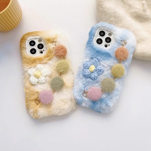 Ins Design Winter Fluffy Knit Flower Cute Plush Case With Bracelet For iPhone 15 Pro Max Plus 13 14 Pro 12 11Pro Back Cover