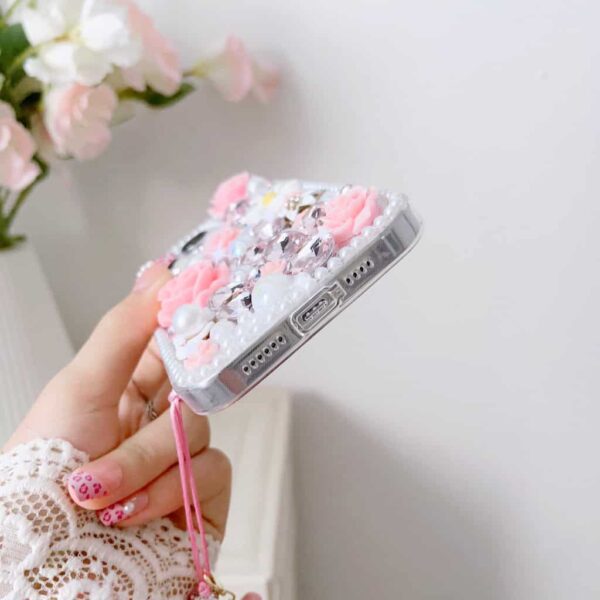 luxury Design glitter Bling pink rose Back acrylic Pearl Phone Case for iphone (IP112) - Image 3