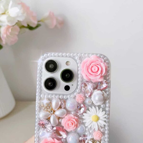 luxury Design glitter Bling pink rose Back acrylic Pearl Phone Case for iphone (IP112) - Image 5